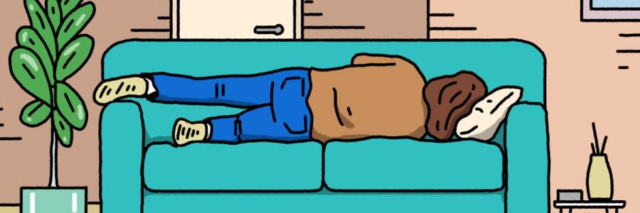 a cartoon image of a person lying on their couch sleeping