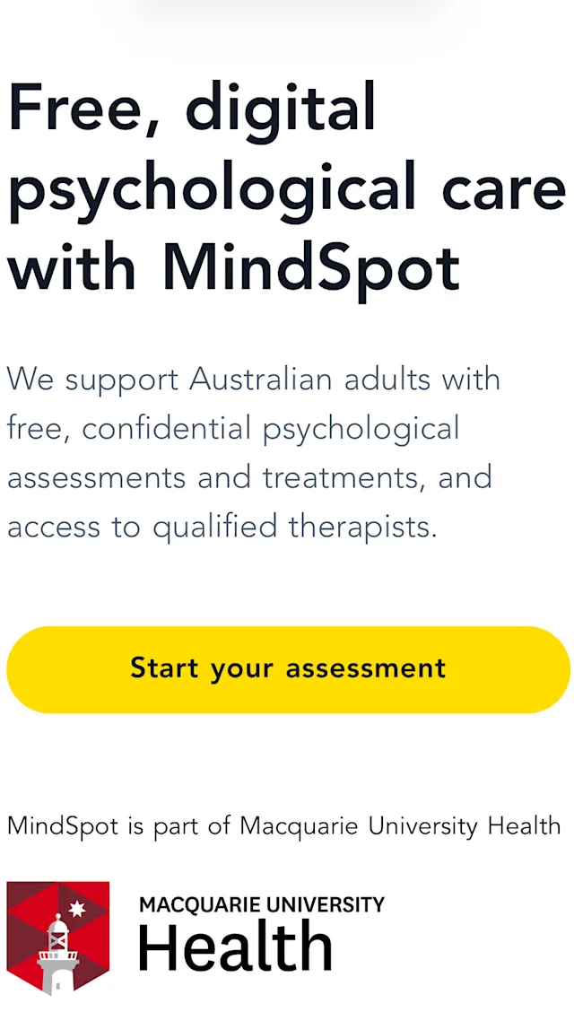 Screenshot of MindSpot website promoting their services and directing users to start their assessment. Text reads: 'Free, digital psychological care with MindSpot. We support Australian adults with free, confidential psychological assessments and treatments, an access to qualified therapists.'