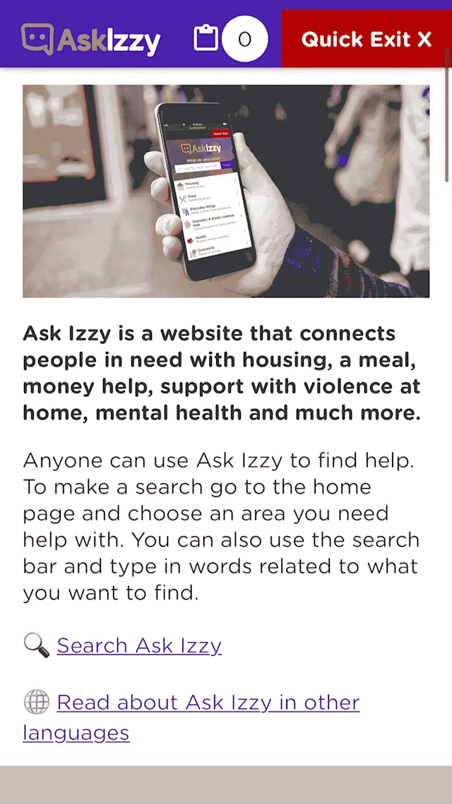 Ask Izzy webpage outlines services that AskIzzy features, including housing, meals, money help, support with violence at home, mental health and more. It directs the user to search for a service or read AskIzzy in another language.