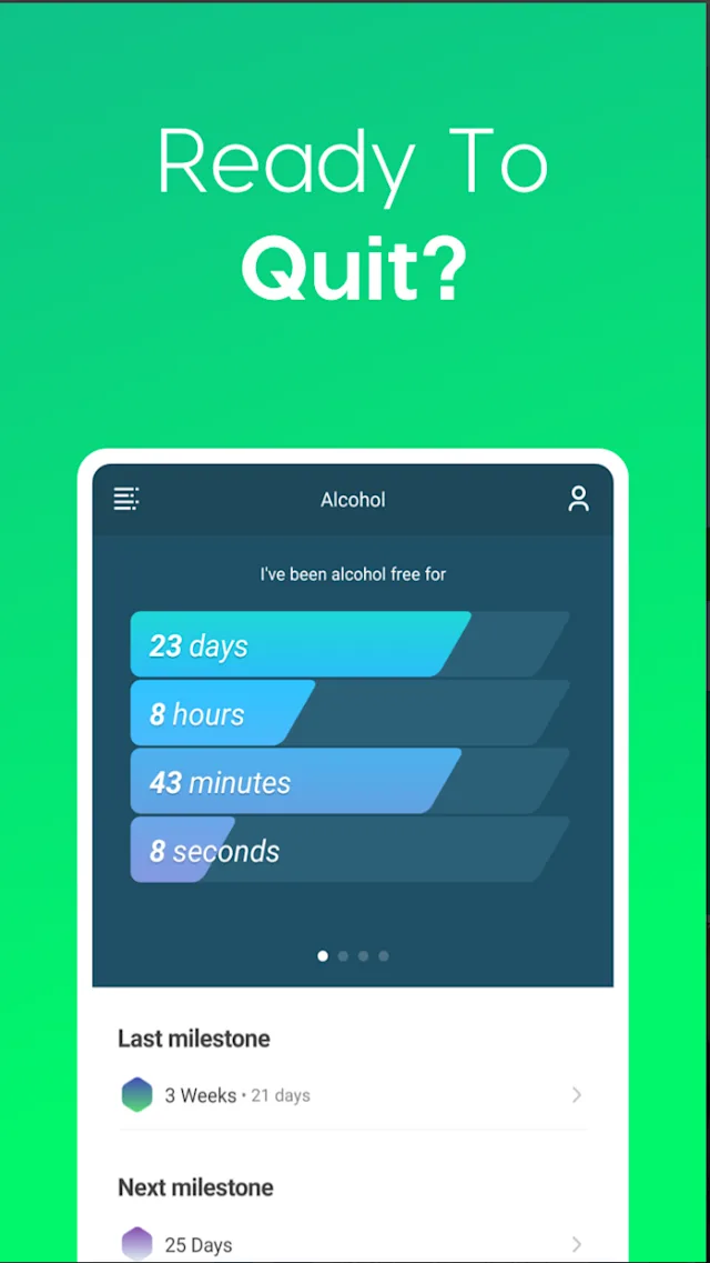 Smartphone screen displaying a sobriety tracker showing 23 days, 8 hours, 43 minutes, and 8 seconds. Text above reads: "Ready to quit?"