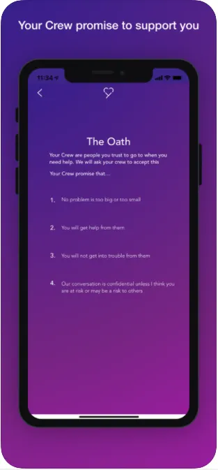 Smartphone screen displaying "The Oath" with supportive promises from the app's team. Header reads, "Your Crew promise to support you."