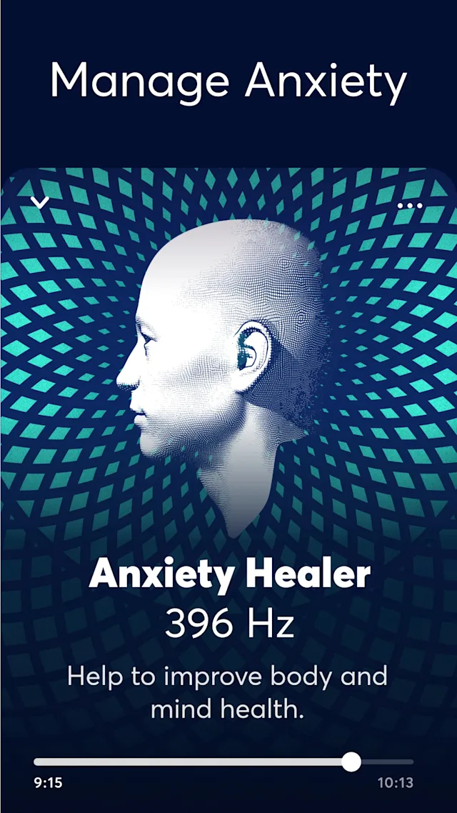 Phone displays an audio meditation in progress, labelled  'Anxiety Healer, 396 Hz. Help to improve body and mind health'. Text at top reads 'Manage Anxiety'.