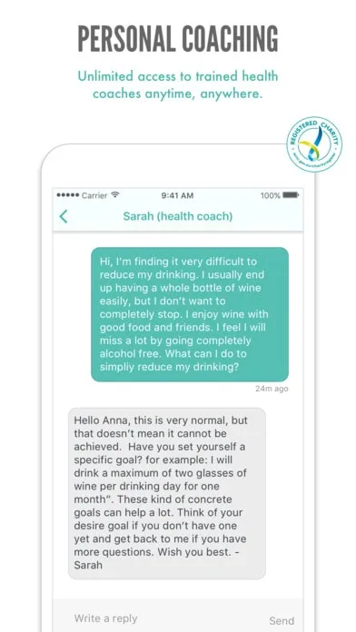 Screenshot of a health coaching app showing a chat conversation between a user and a health coach named Sarah, discussing concerns around sobriety. Text above reads: "Personal coaching. Unlimited access to trained health coaches anytime, anywhere."