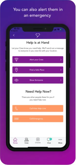 Smartphone app interface displays support options for emergencies like “Alert Your Crew,” “Find a Safe Place,” and emergency contact buttons. Text above reads: "You can also alert them in an emergency".