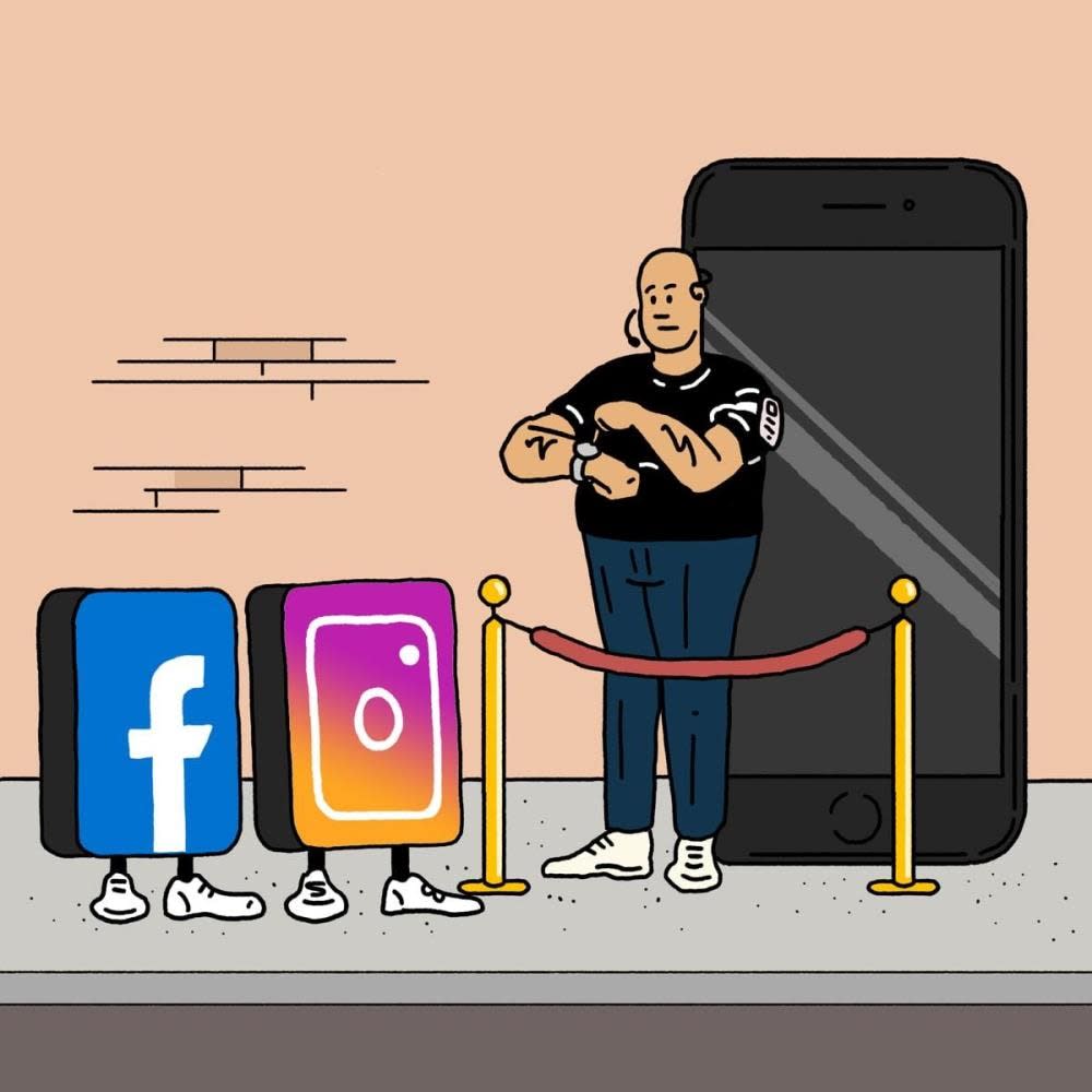 cartoon graphic of a bouncer guarding a phone from social apps coming in