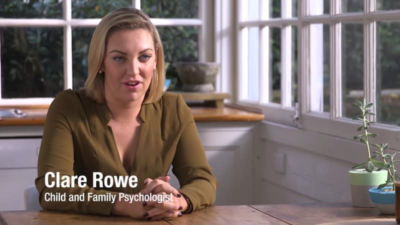 screenshot of interview with clare rowe child and family psychologist