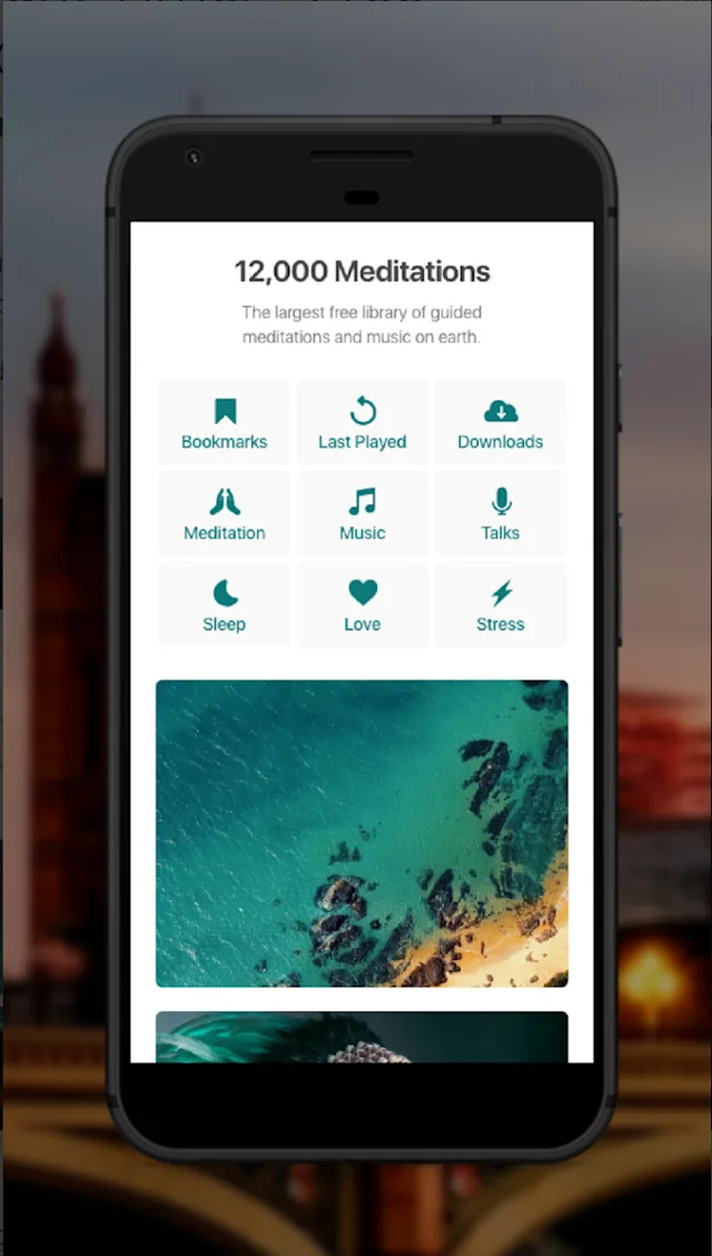 A smartphone displays a meditation app with 12,00 guided meditations. Categories include music, sleep, stress and love. Text reads: 'The largest free library of guided meditations and music on earth'.