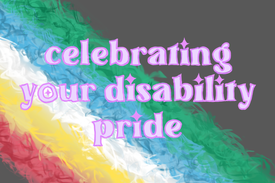 Grey background with wavy diagonal lines in bottom left hand corner of red, yellow, white, blue and green, for Disability Pride flag. Pink curvy text reads 'celebrating your disability pride'.