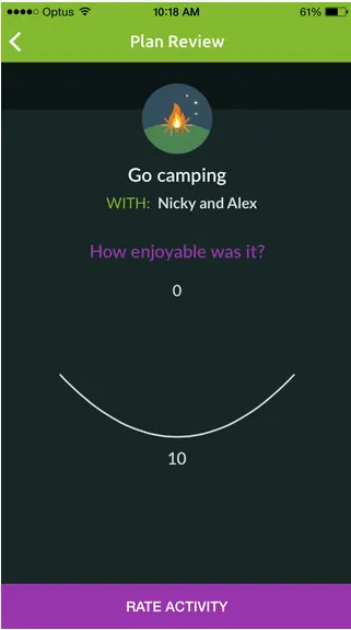 App screen titled "Plan Review" shows a camping icon with text "Go camping with Nicky and Alex." Below is a rating scale from 0 to 10, asking "How enjoyable was it?" and a "Rate Activity" button at the bottom.