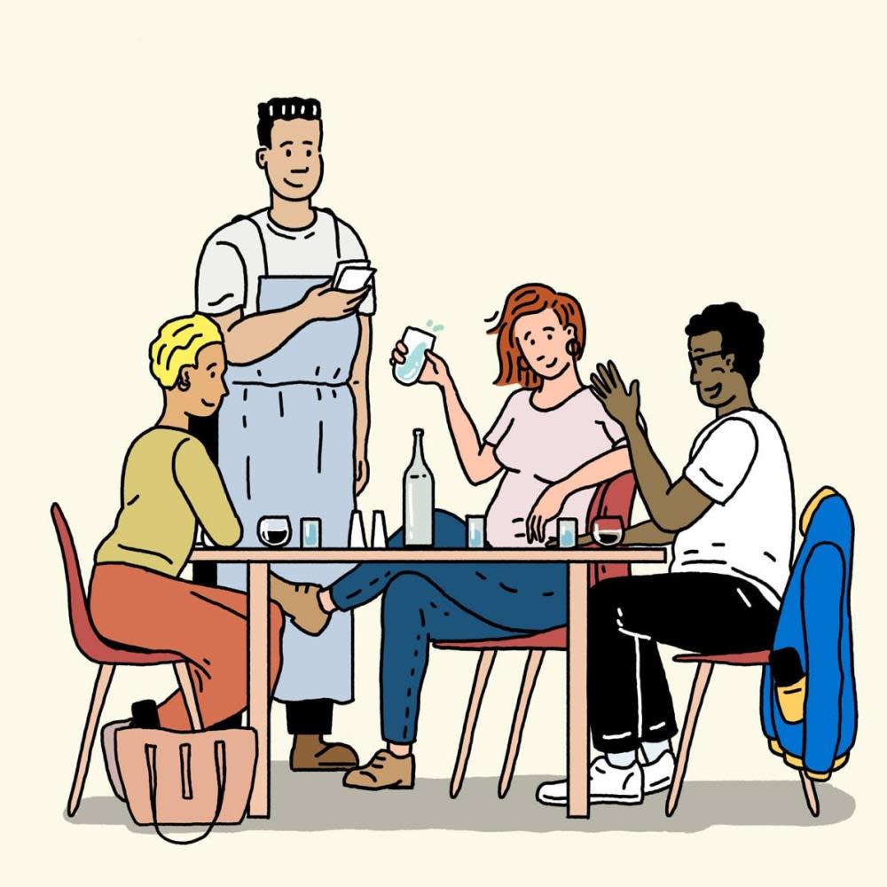 cartoon graphic of friends having dinner