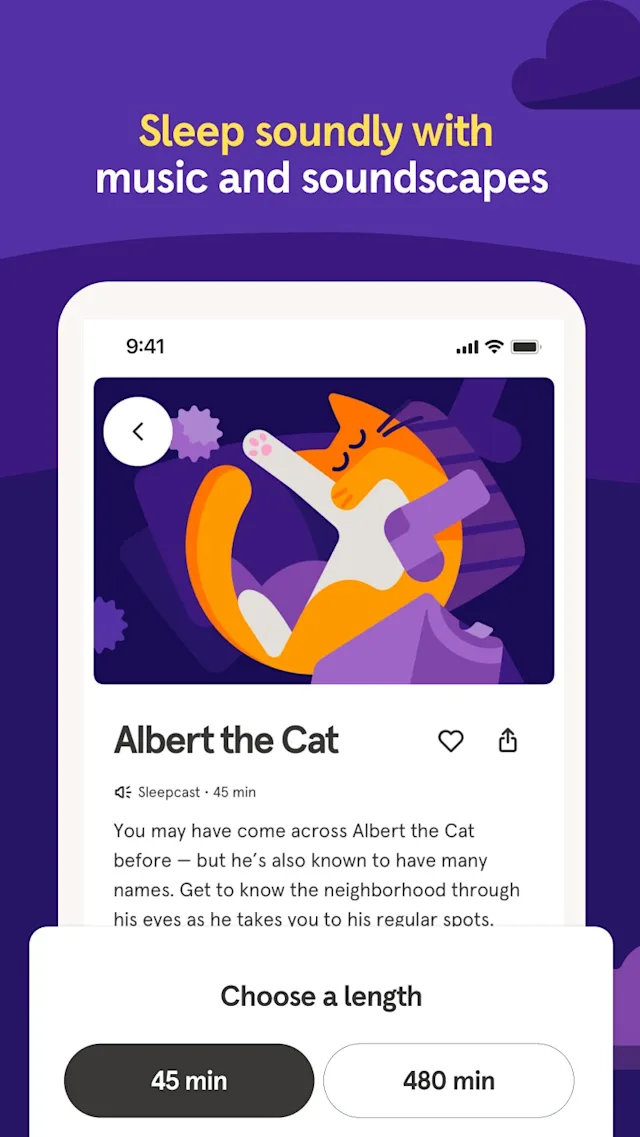 Illustration of a calm orange cat sleeping on a purple pillow within a mobile app interface. Text: "Sleep soundly with music and soundscapes." Options for sound length, 45 or 480 minutes. 