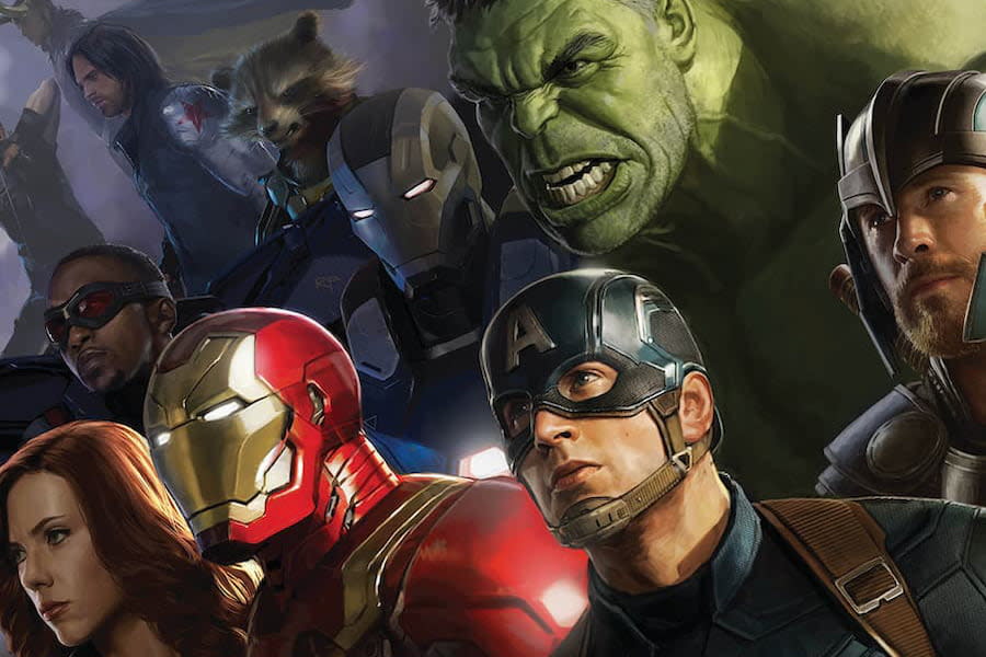Image of Marvel superheroes (from left to right): Black Widow, The Falcon, Iron Man, The Winter Soldier, Rocket, War Machine, Captain America, The Hulk, Thor. 