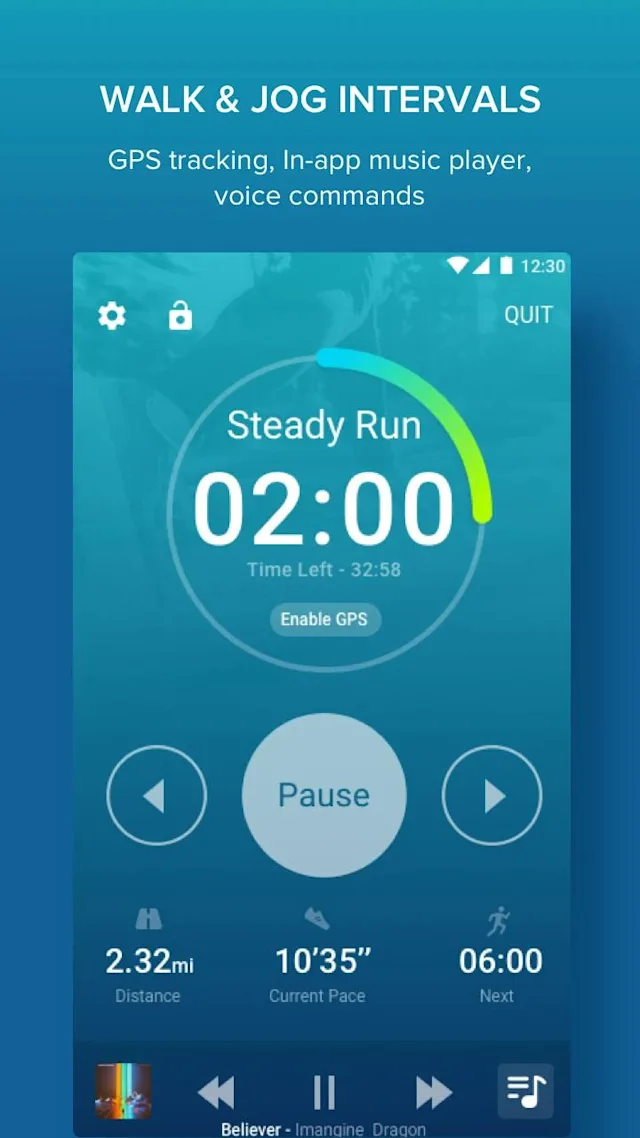 Fitness app interface with text reading: 'Walk & jog intervals: GPS tracking, music player, and voice commands'.