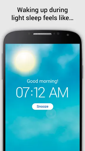 Phone app shows an alarm going off at 7:12am with a snooze button. Text reads "Waking up during light sleep feels like..."