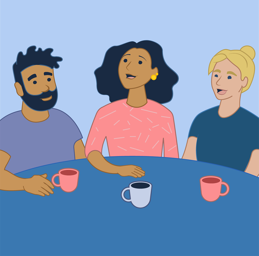 illustration of three young people chatting at a table.