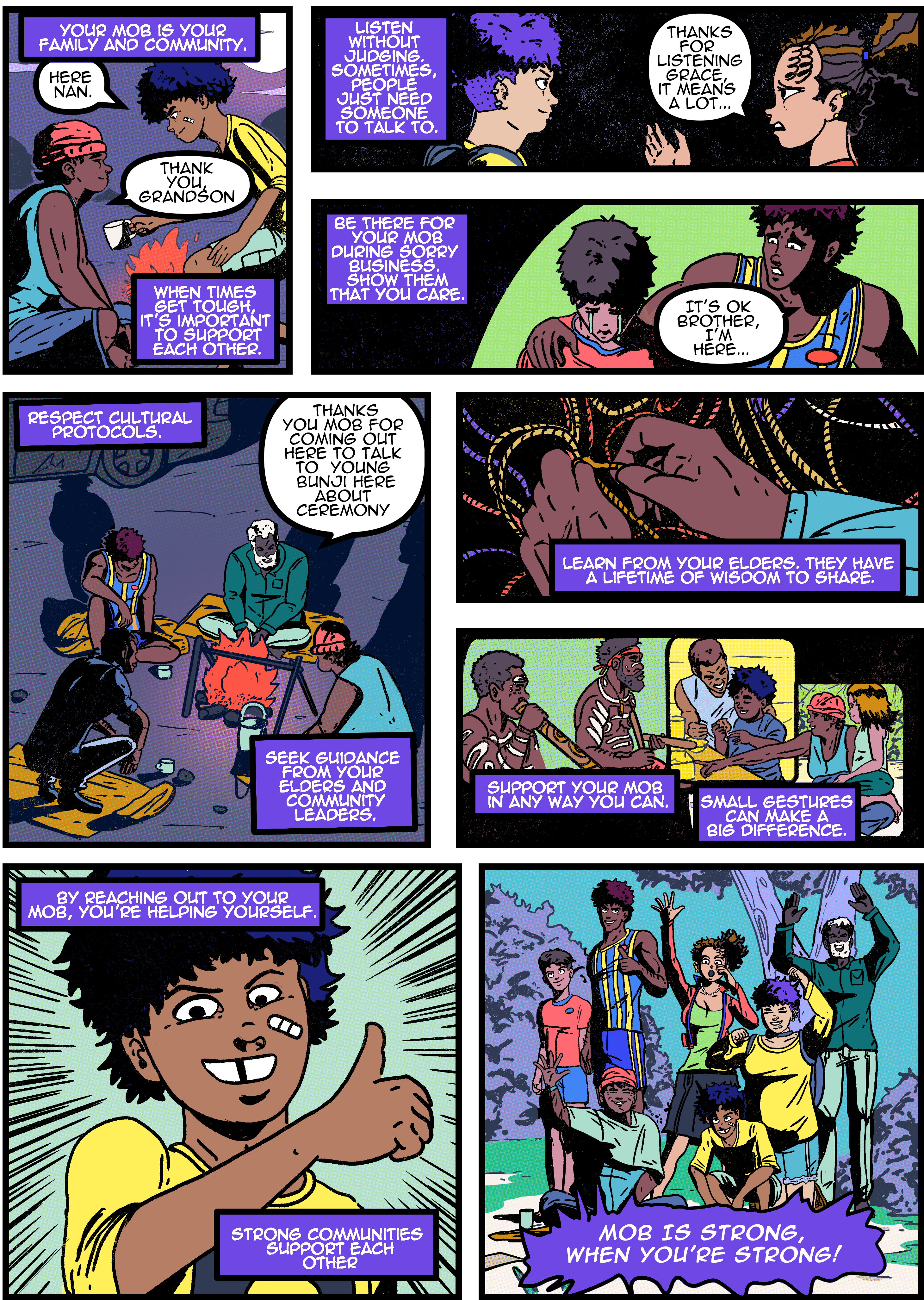 Comic featuring various scenarios where a young boy is helping out his mob.