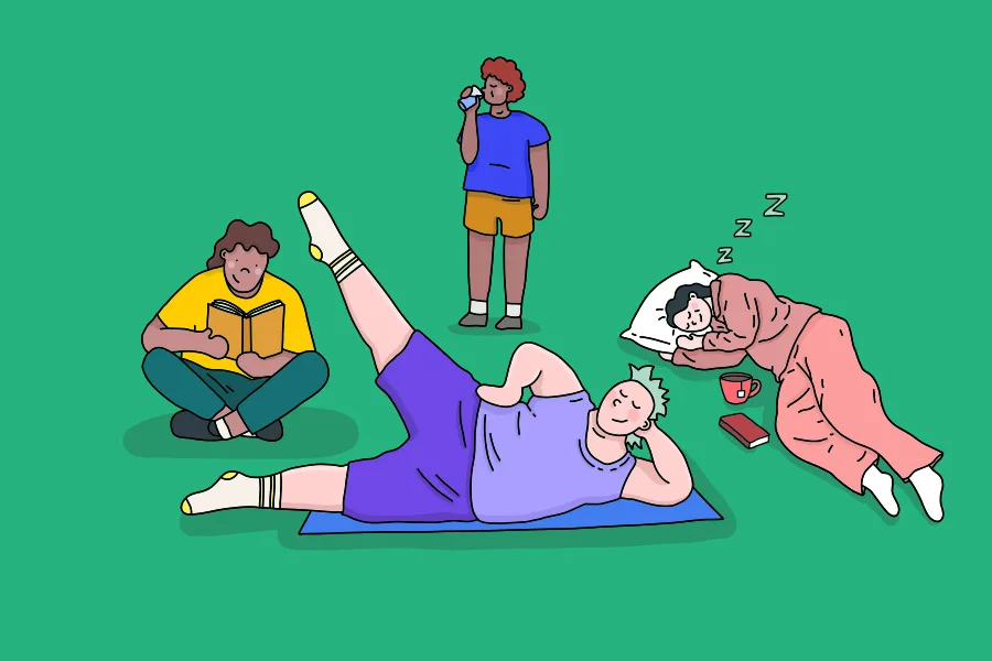 Illustration of four people engaged in different self-care habits. They are practising yoga, reading a book, drinking water and taking a nap.