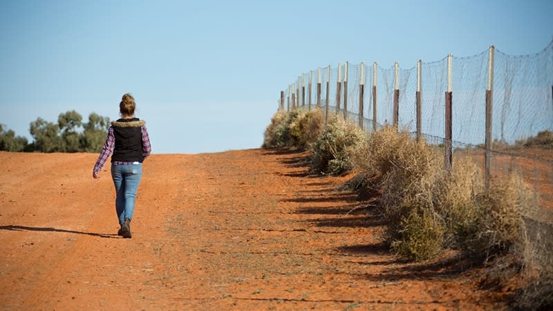 a woman walking on red earth next to a fence