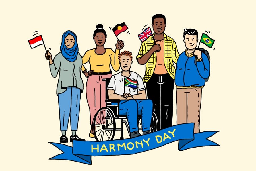 Harmony Day cartoon five young people from around the world smiling and holding their country's flags