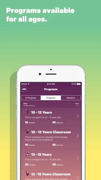 Smartphone app interface listing programs for different age groups such as 10-12 and 13-15. Text reads "Programs available for all ages".