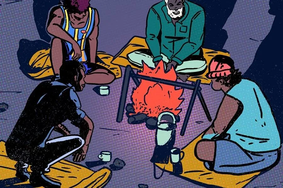 Illustration of four Aboriginal men sitting around a campfire.