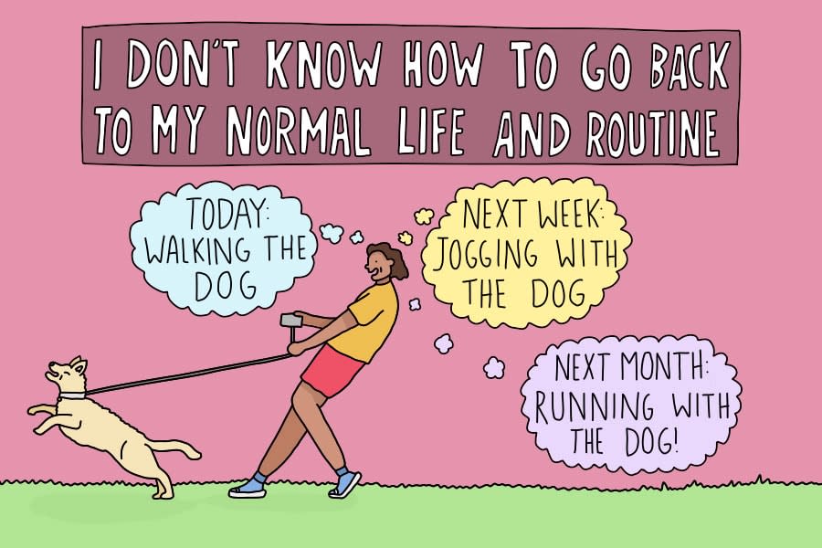 illustration of a person walking the dog and thinking about jogging next week