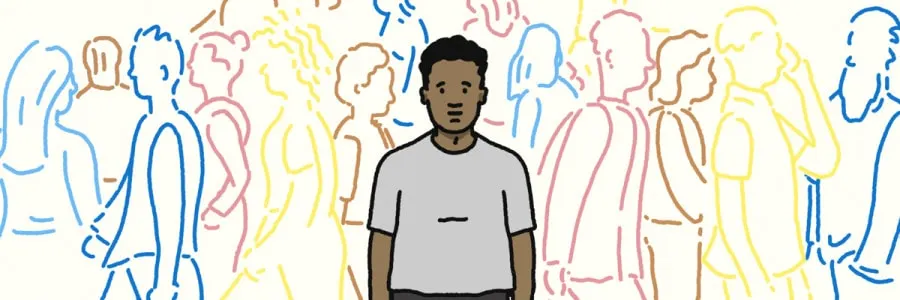 a cartoon image of a person surrounded by other people but still feeling isolated