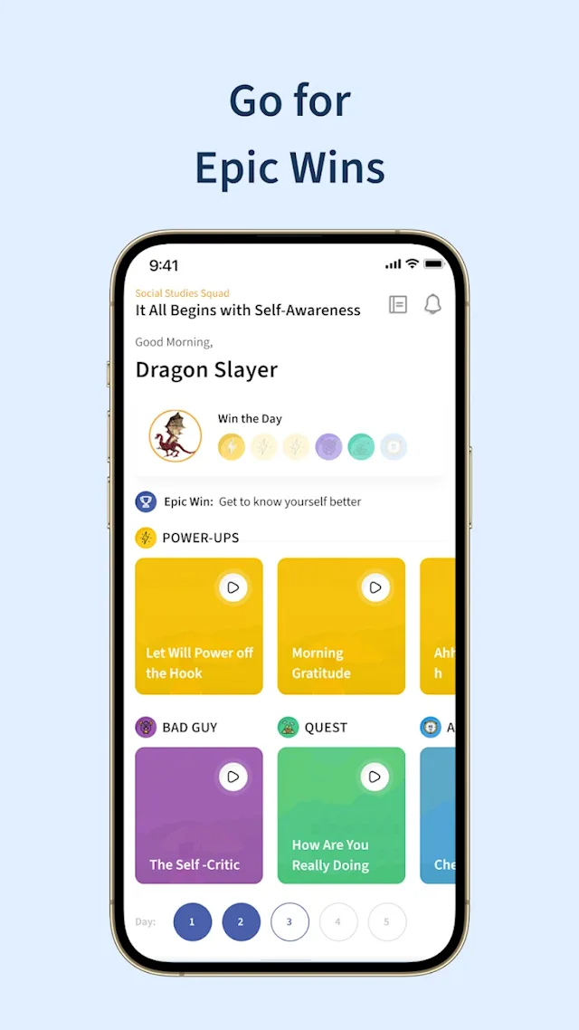 Smartphone screen displaying a motivational app with the greeting "Good Morning, Dragon Slayer." Features include goals, power-ups, and quests. Text above reads: 'Go for Epic Wins'