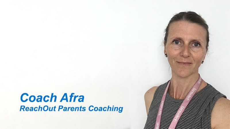 Coach Afra image of woman with the text Coach Afra ReachOut Parents Coaching
