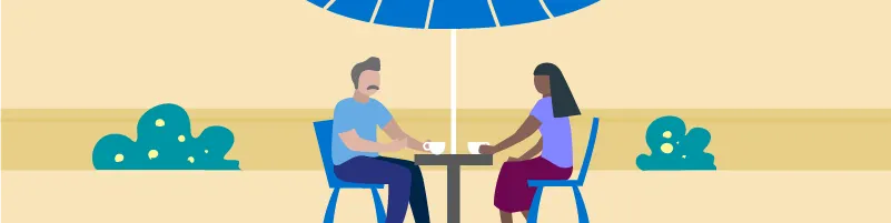 graphic of two adult friends chatting at an outdoor cafe