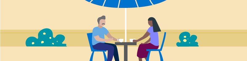 graphic of two adult friends chatting at an outdoor cafe