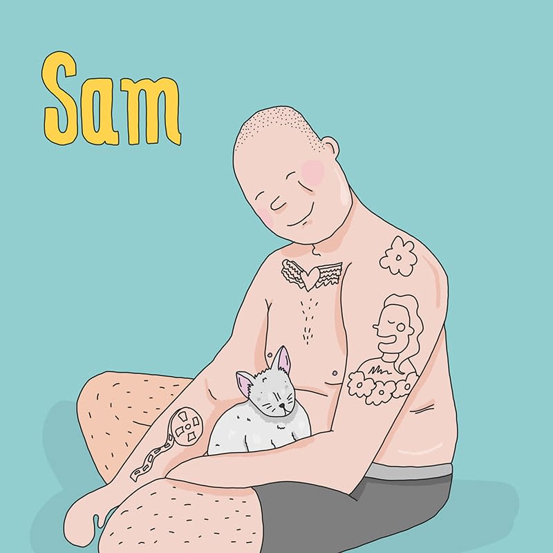 sam cartoon bald shirtless man with tattoos hugging cat