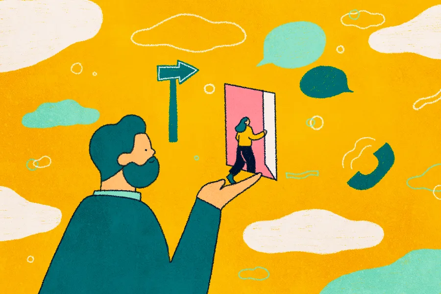 A small figure of young woman is walking on her father's outstretched palm towards an open door. A number of icons are floating beyond the door, including a phone, speech bubbles and an arrow sign. 