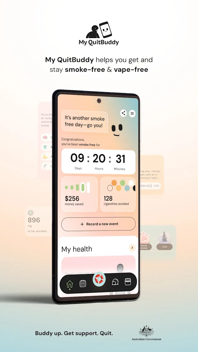 Smartphone displaying the "My QuitBuddy" app interface, showing smoke-free progress with a friendly face, time counter, money saved, and health info. Text above reads: 'My QuitBuddy helps you get and stay smoke-free & vape-free''.