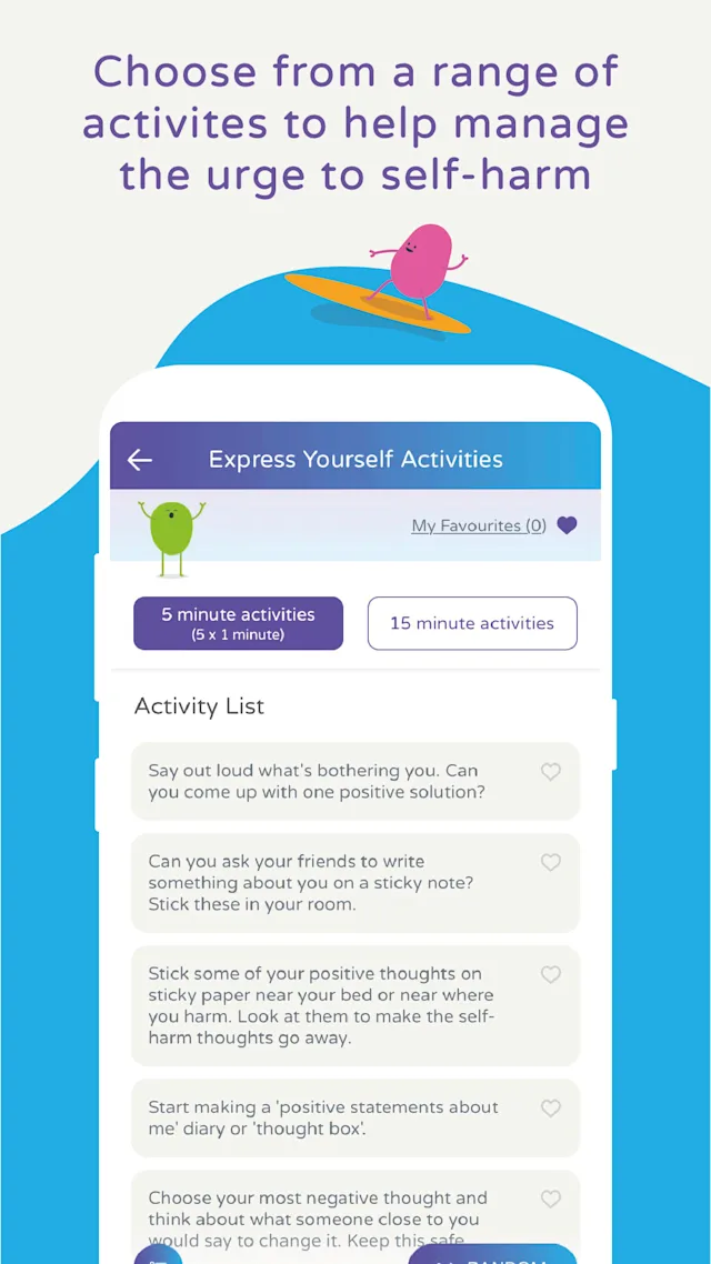 App interface with motivational activities to manage self-harm urges. Text reads: 'Choose from a range of activities to help manage the urge to self-harm'.