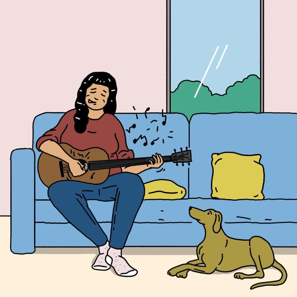 cartoon graphic of girl playing guitar with dog