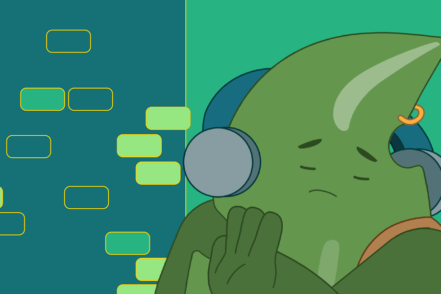 Illustration of Zig. He is wearing headphones, has his eyes closed, and has a small frown on his face.