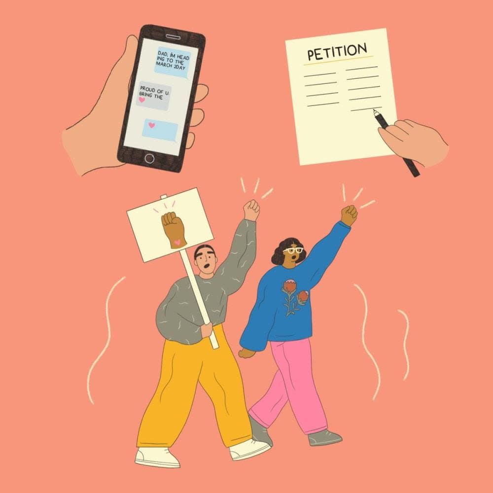 graphic of advocating signing petition attending rally texting dad