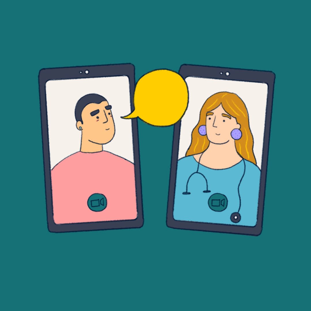 illustration of a young person talking to a gp on a video call