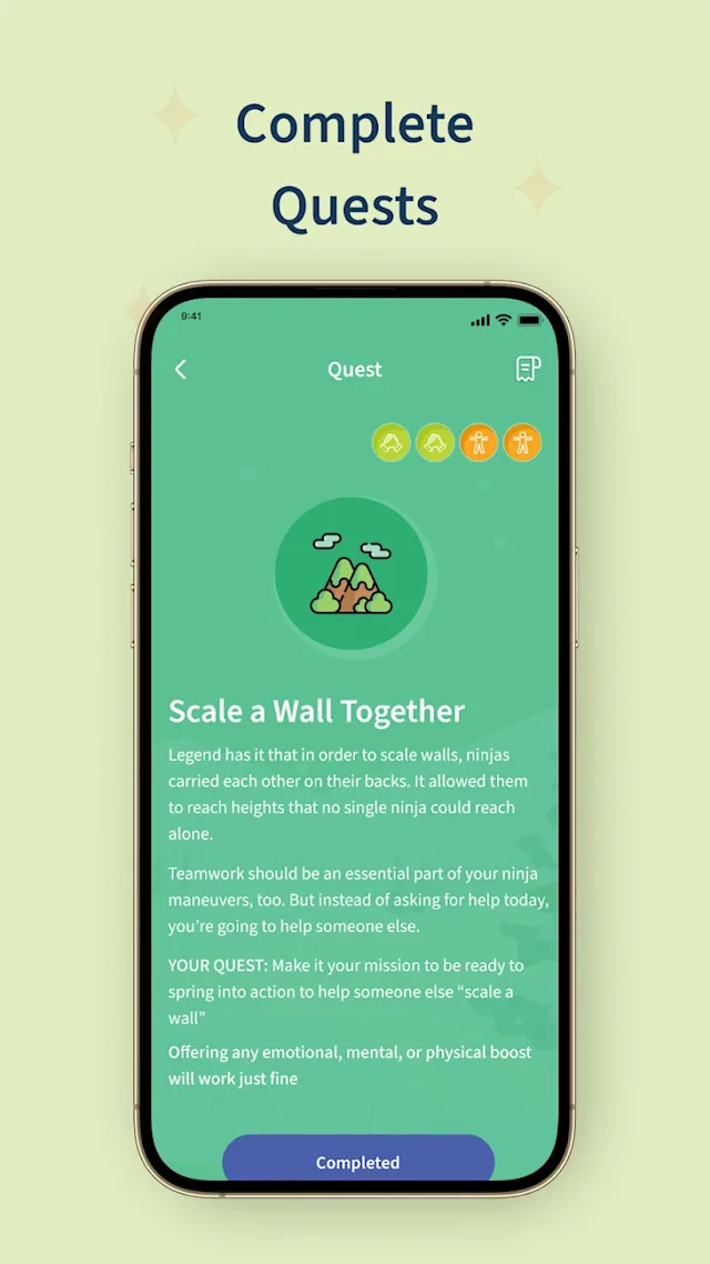 Smartphone screen displaying a quest titled “Scale a Wall Together” with a mountain icon and teamwork emojis. Text above reads: 'Complete quests'