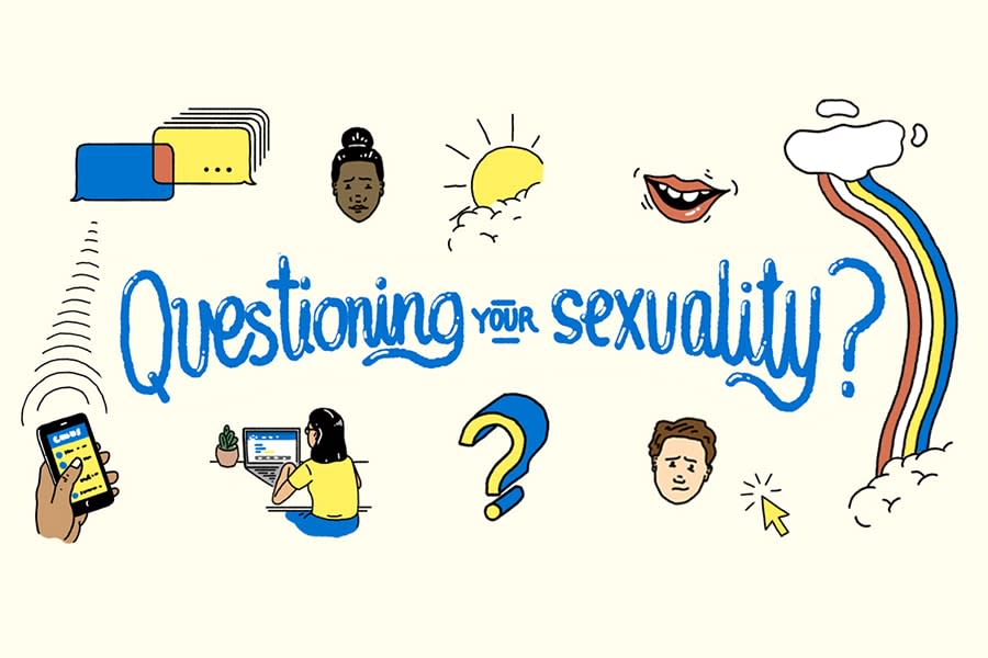 questioning your sexuality thumbnail cartoon with miscellaneous icons surrounding title