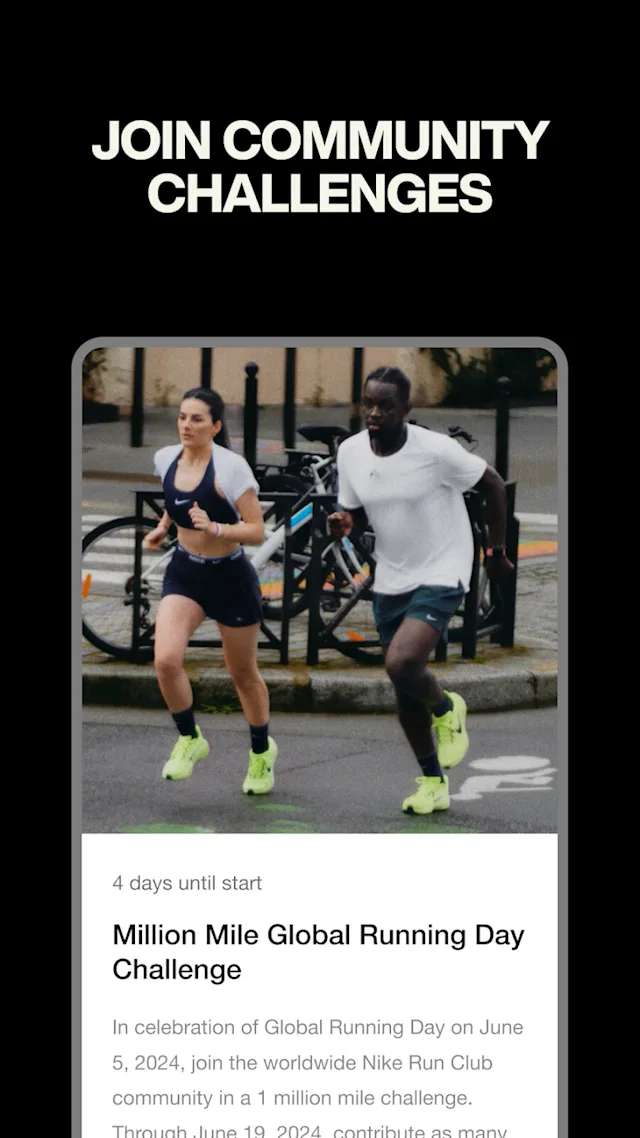 Two runners in athletic gear jog on an urban path, promoting the "Million Mile Global Running Day Challenge." Text above reads: "Join Community Challenges."