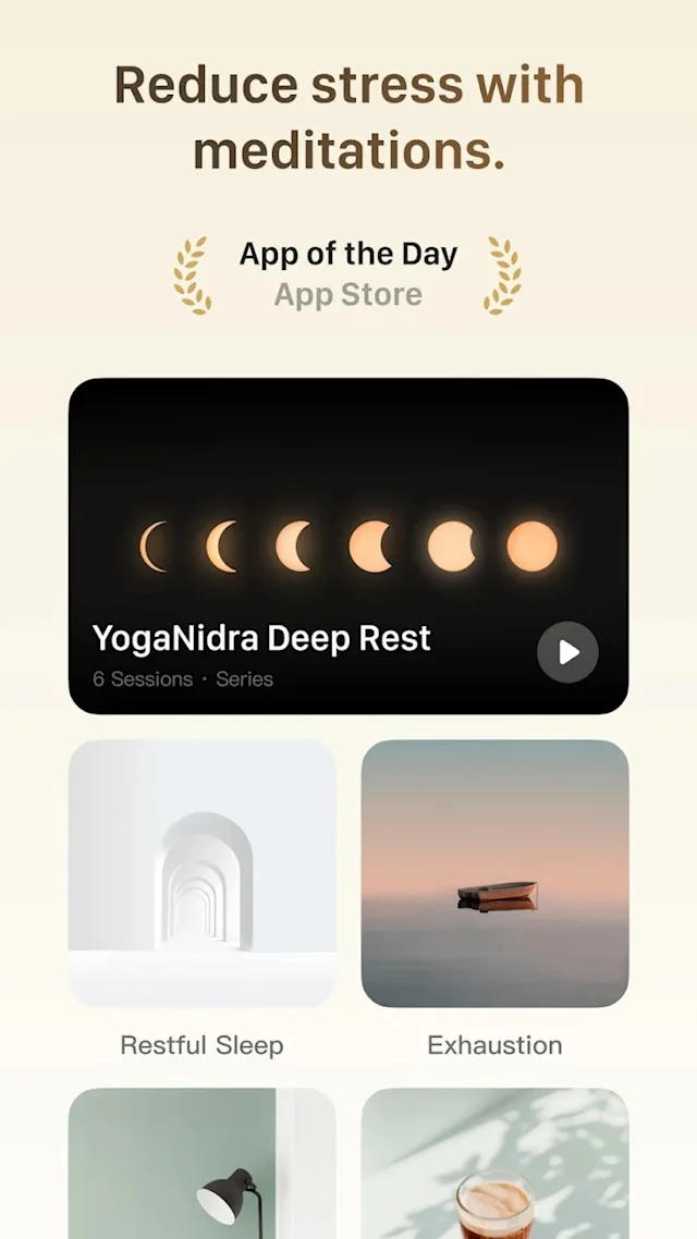 App screen promoting stress-reducing meditations, featuring YogaNidra Deep Rest. Text above reads: 'Reduce stress with meditations'.