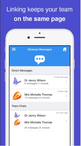 Mobile app screen showing clinician messages list with direct and team chats. Text above reads 'Linking keeps your team on the same page.' 
