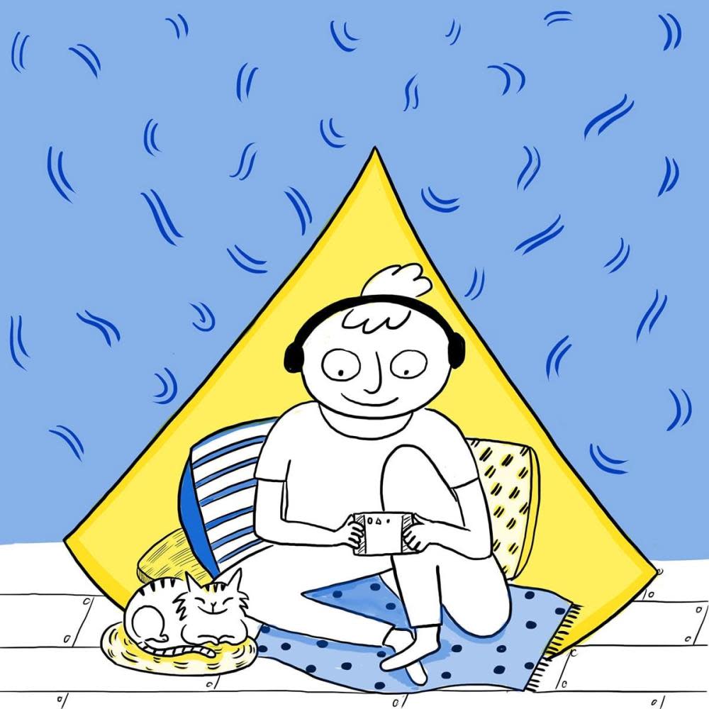 3 cartoon child sitting in tent protecting himself from blue environment