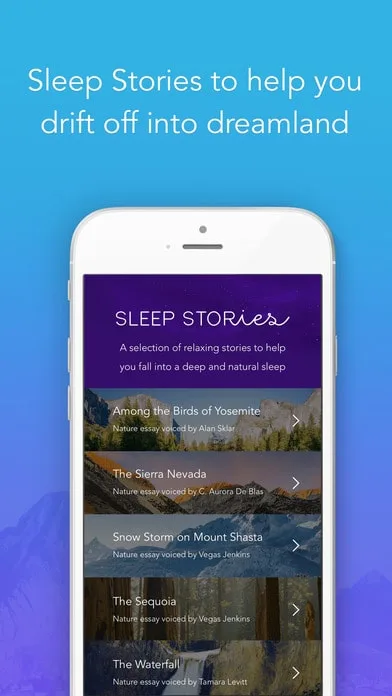 Smartphone screen displaying a list of sleep stories app. Text above reads: "Sleep Stories to help you drift off into dreamland."