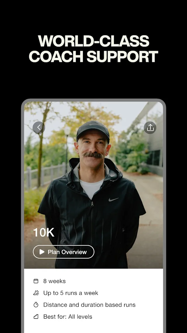 App shows man in sports attire with details of a 10k running plan. Text reads "World-Class Coach Support".