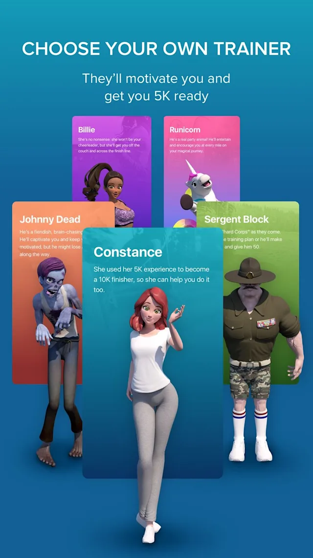 Five animated character cards including a zombie, unicorn, soldier and an athlete. Text reads: 'Choose your own trainer. They'll motivate you and get you 5k ready.'