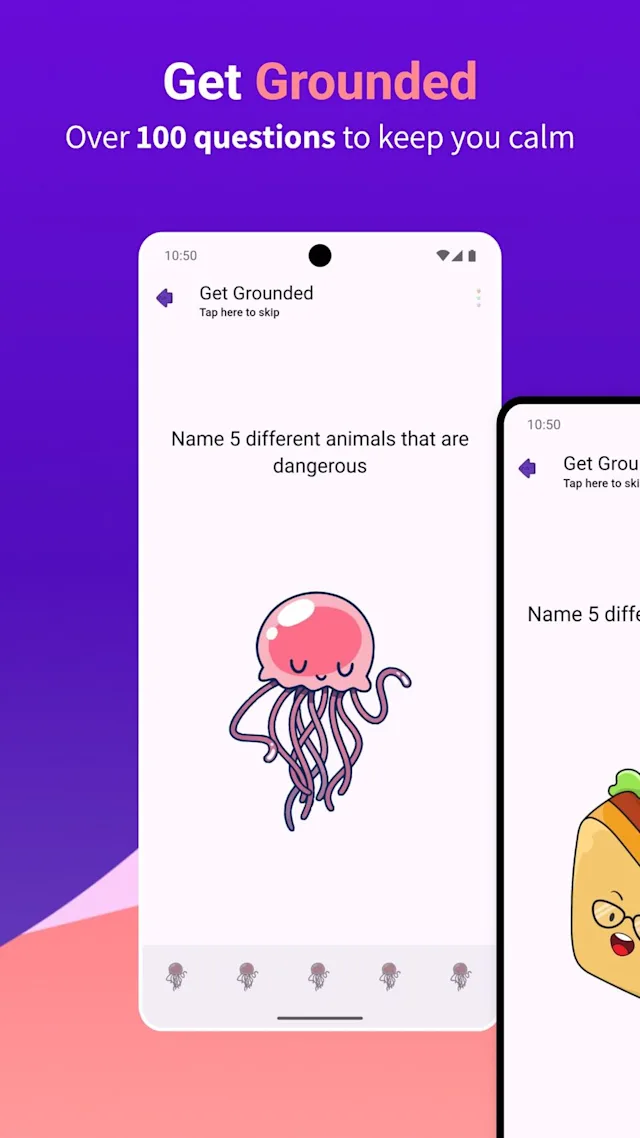 App screen displays the question 'Name 5 different animals that are dangerous' featuring a cartoon jellyfish illustration. Text above reads, 'Get Grounded: Over 100 questions to keep you calm.'