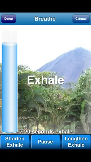 Breathing app screen showing "Exhale" and timer. Buttons for adjusting exhale duration at the bottom. 